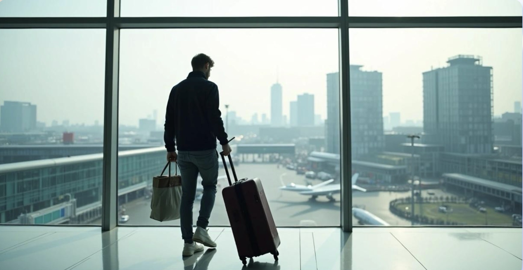 Passenger with luggage at an airport departure terminal